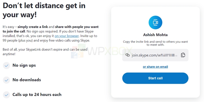Shared Link to Video Call Skype Web