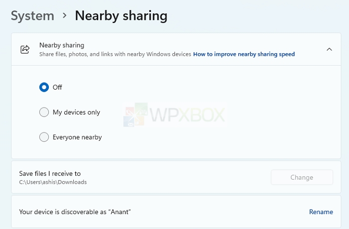enable disable nearby sharing Windows