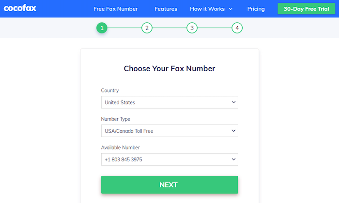Cocofax free trial Choose fax number