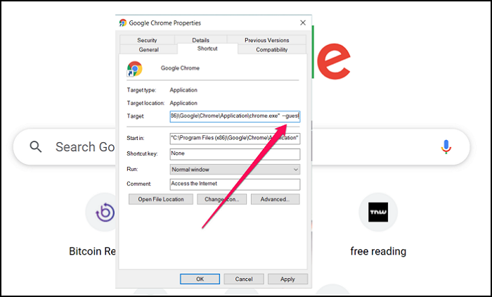 Chrome Properties edit shortcut