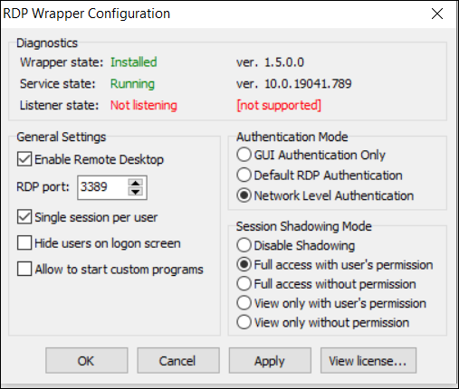 RDP Wrapper configuration