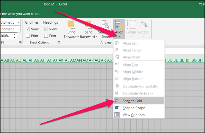 Enable Snap to Grid Microsoft Excel