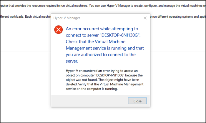 Hyper-V Issue attempting to connect to server