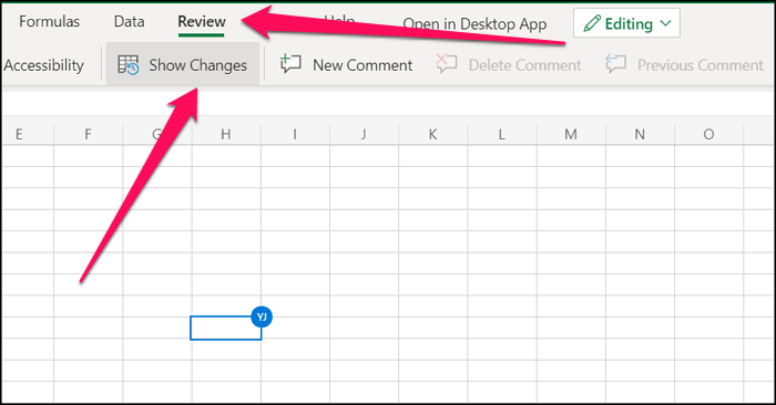 Open Show Changes Tool, Excel Online