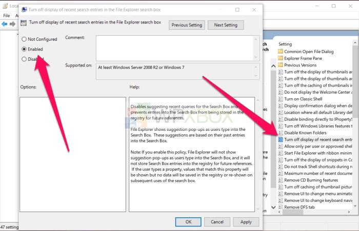Disable File Explorer Search History Group Policy Editor