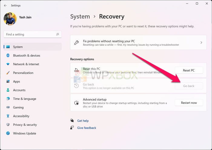 Go Back Recovery Options Settings