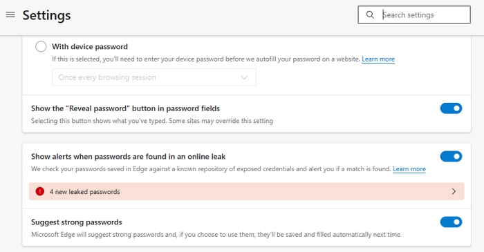 Show Alerts Leaked Password Microsoft Edge