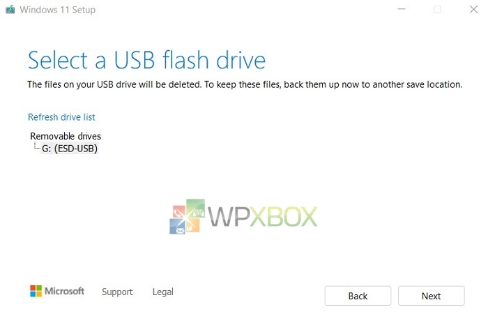 select USB drive to install Windows bootable files