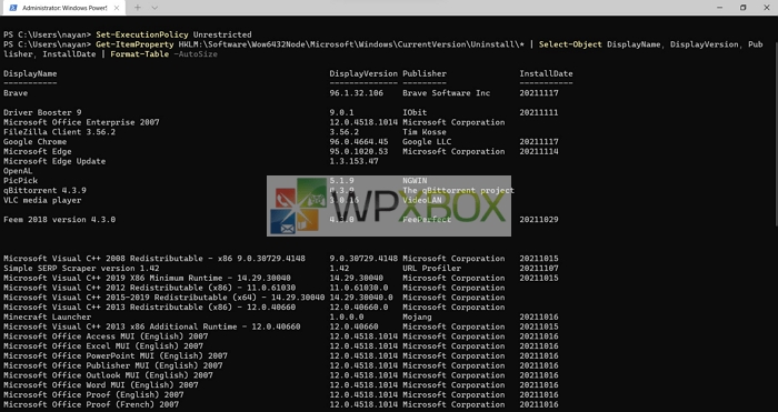 windows terminal to see installed apps