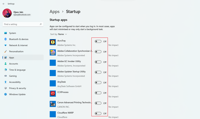 Turn of apps on startup
