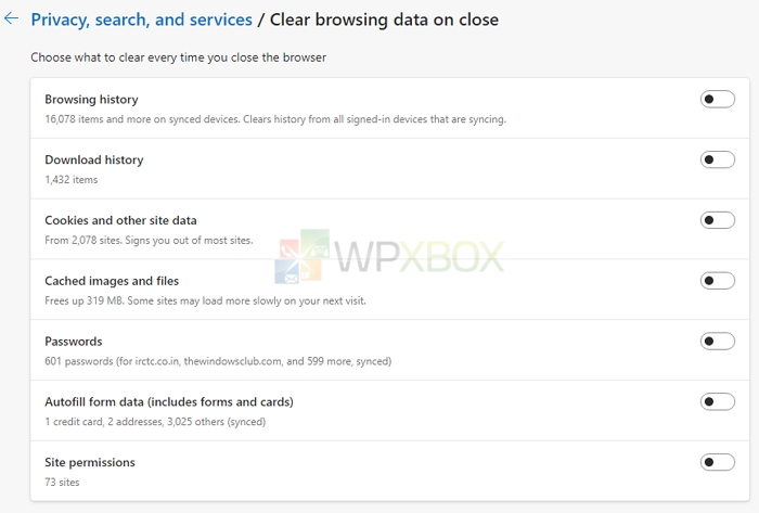 Clear Browsing Data on Exit Edge