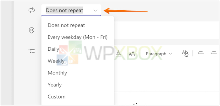 Click on Does Not Repeat in Microsoft Teams App