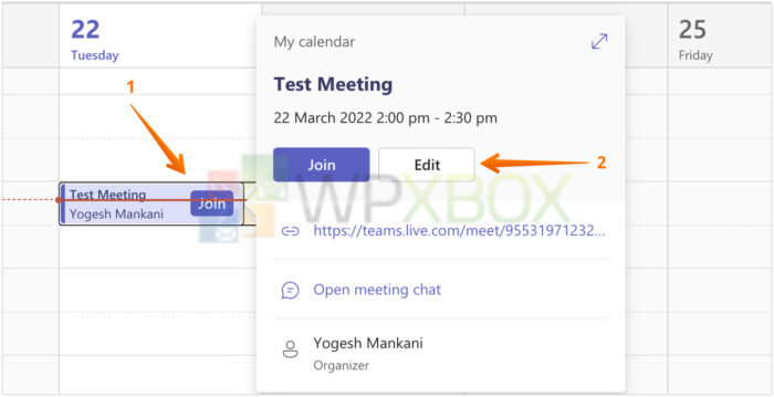 Click on Meeting and Then Edit in Teams App