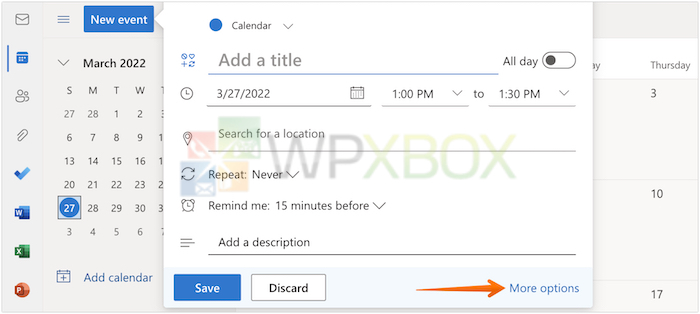 Click on the More Options in Outlook New Event