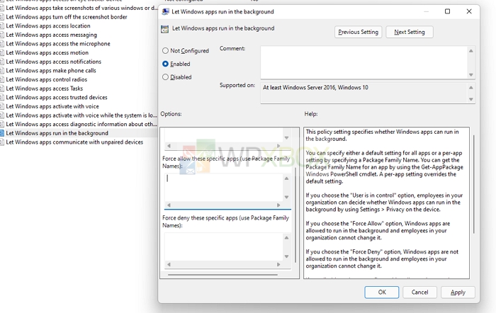 Group Policy Windows Apps Run in background