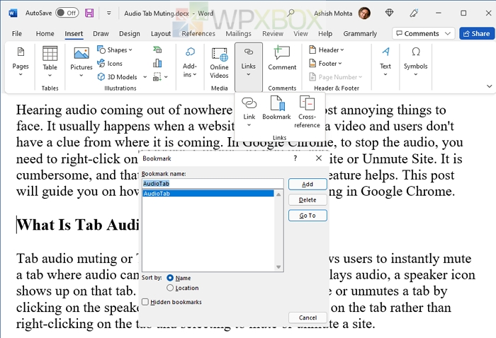 add bookmarks Microsoft Word