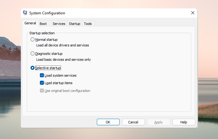 Selective startup msconfig Windows