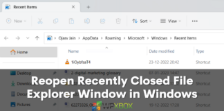 Reopen Recently Closed File Explorer Window in Windows