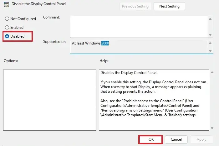 Click on Disabled to Enable Display Control Panel
