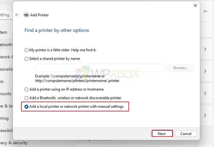 Add a Local Printer or Netword Printer With manual Settings