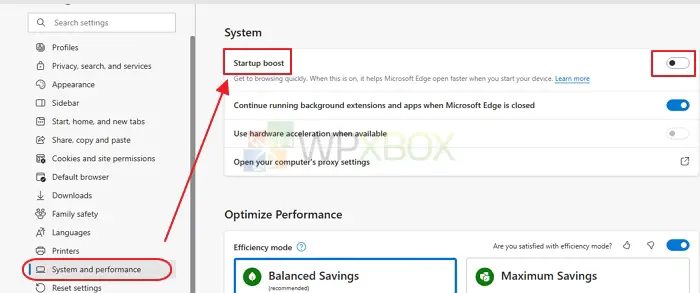 Disable Edge's Startup Boost From Settings