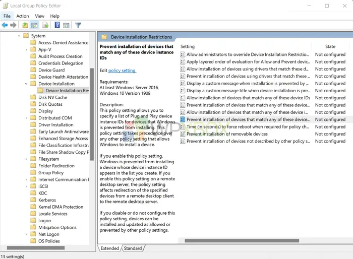 Prevent installation of devices that match any of these device instance IDs.