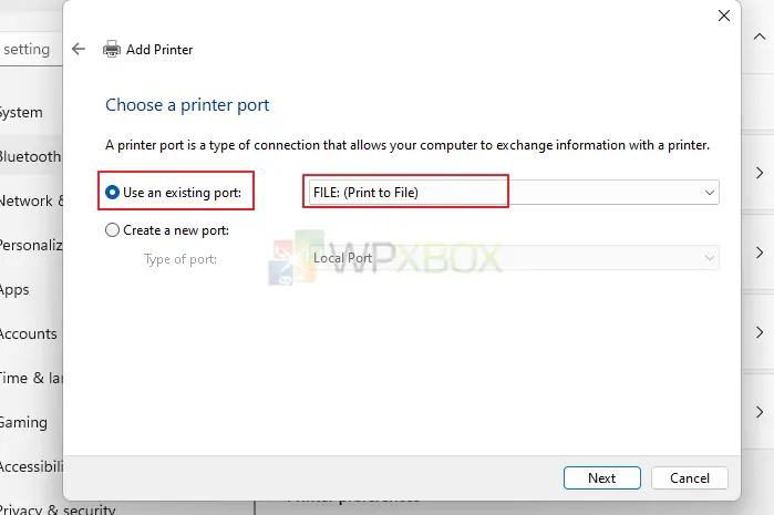 Use an Existing Port Print To File