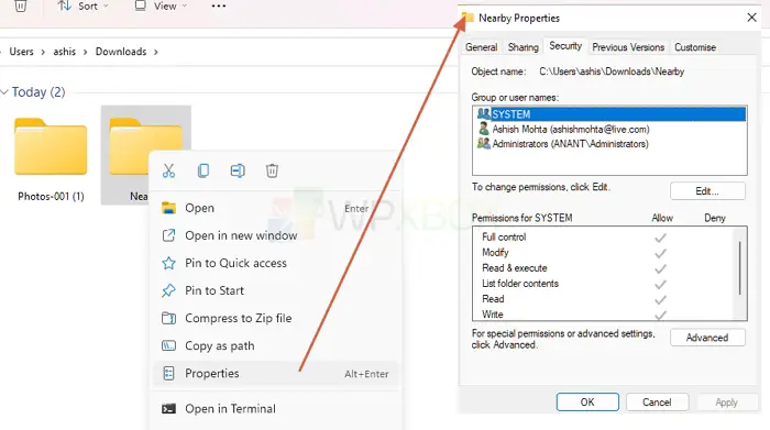 Open Folder Properties Securites Tab