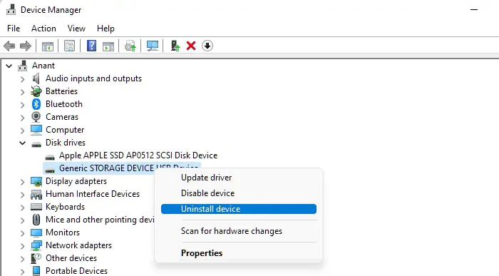 Uninstall SD Card Windows Device Manager