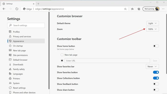 Edge Change Text Size and Zoom Level for the Browser