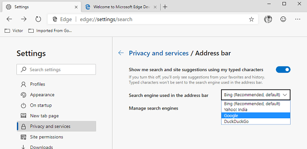 Change Edge Search Engine