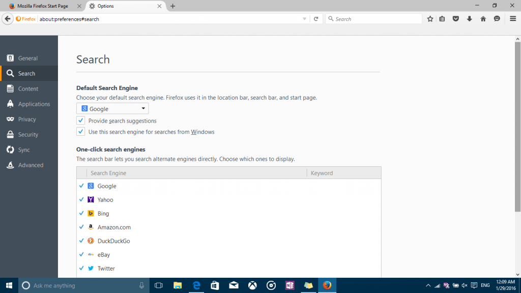 Cortana firefox settings