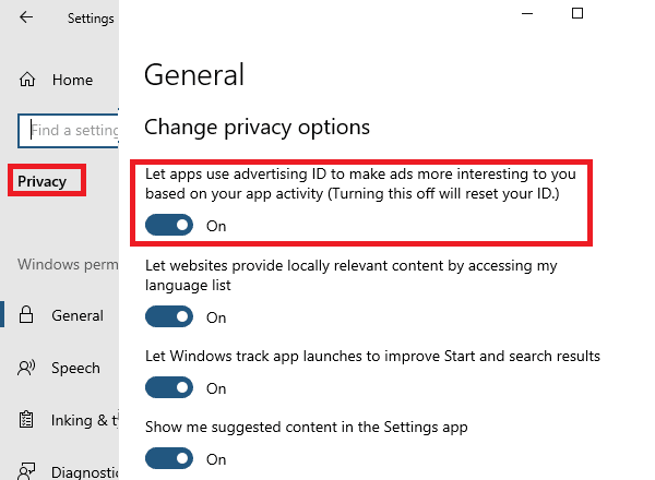 Disable Advertising ID in Windows 10 Privacy