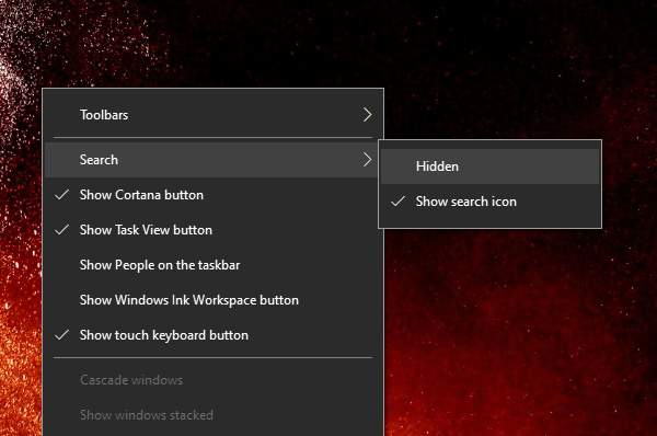 Disable Search Icon Taskbar Windows 10