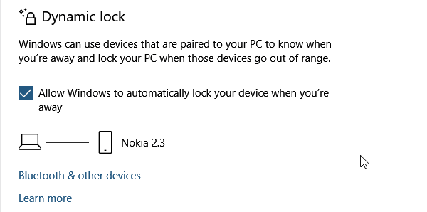 Dynamic Lock using Phone Windows 10