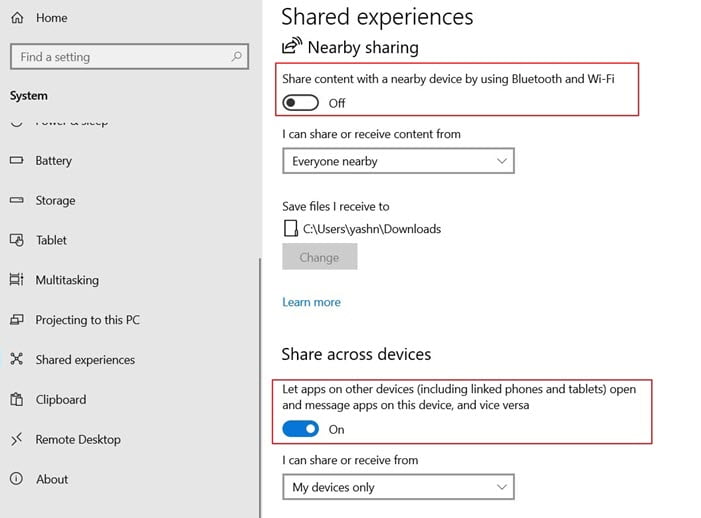 Enable Shared Experiences -Settings