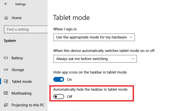 Hide Taskbar in Tablet Mode Windows 10