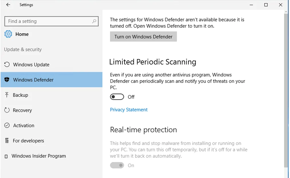 Limited Periodic Scanning Window 10 Defender