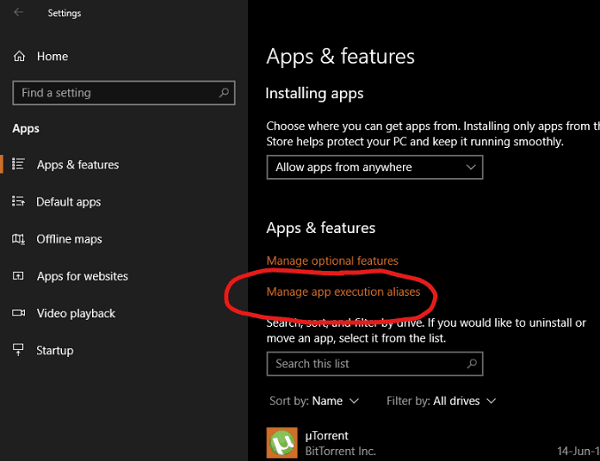  set App Execution Aliases on Windows 10