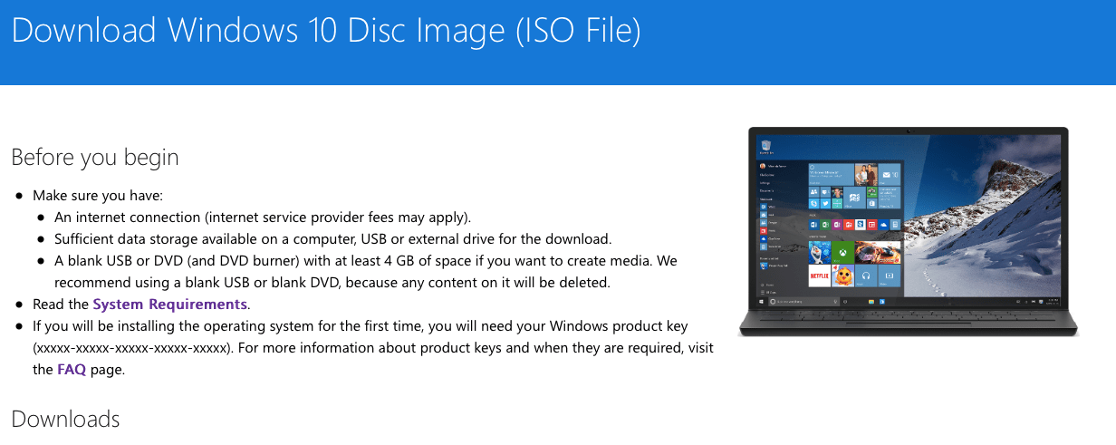 Official Windows 10 ISO Download Page