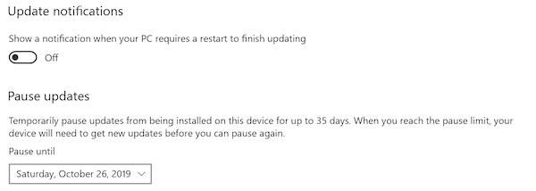 Pause Updates in Windows 10 by Date