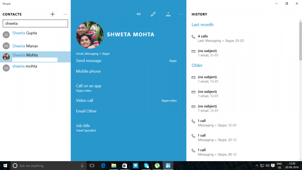 People App History Integration Windows 10 PC