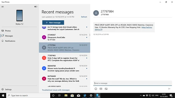 Read and Send text message on Windows 10 PC