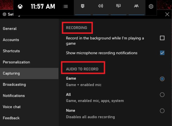 Recording Option in Xbox Game Bar