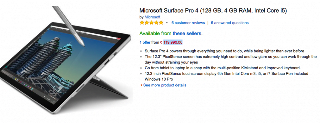 Surface Pro 4 Amazon India Listing