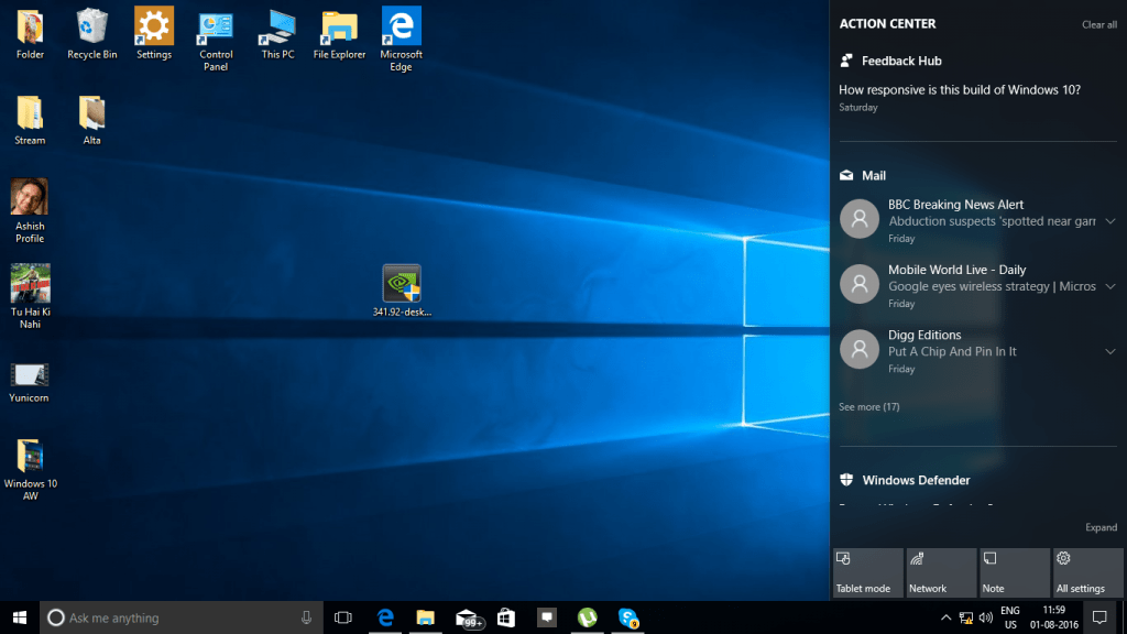 Windows 10 Anniversay Update Action Center