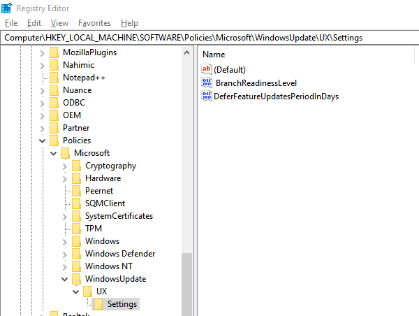 Windows 10 Defer Updates Registry Settings