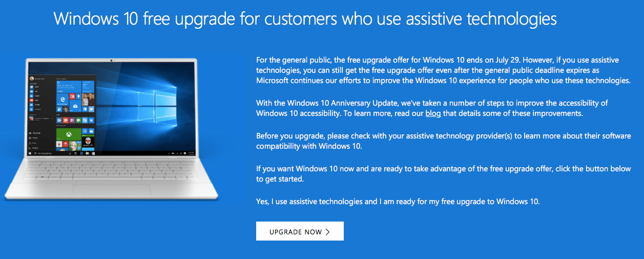 Get Windows 10 Upgrade for Free using Assistive Technologies