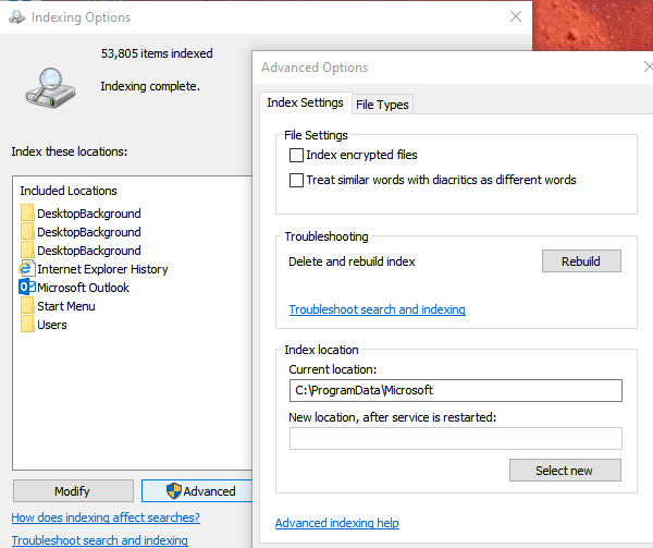 Windows 10 Indexing Options
