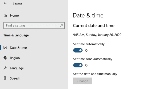 Windows 10 Time Settings